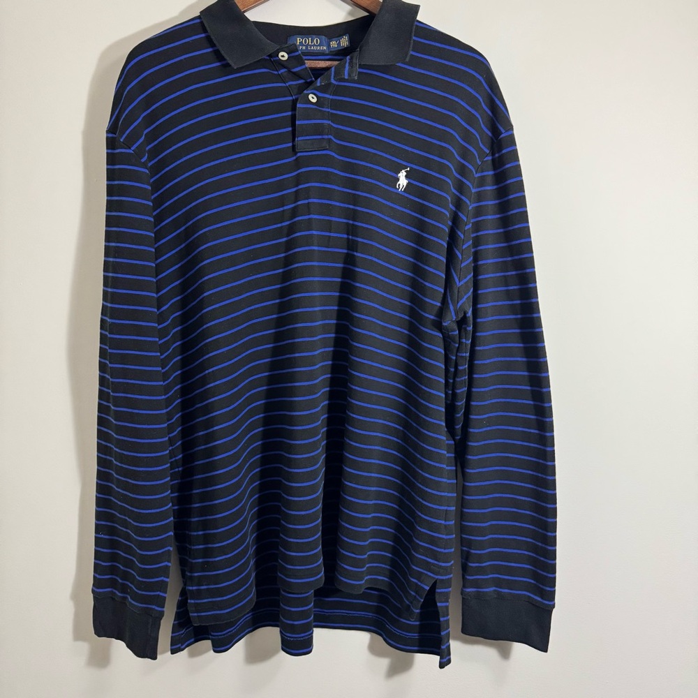 Ralph Lauren Men's Navy and Black Striped Long Sleeve Polo Shirt Size 2XL, XXL